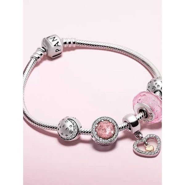 Authentic Pandora 925 Sterling Silver 14K Bracelet, Heart T-Button Snake Bone Chain Bracelet, 100% Authentic